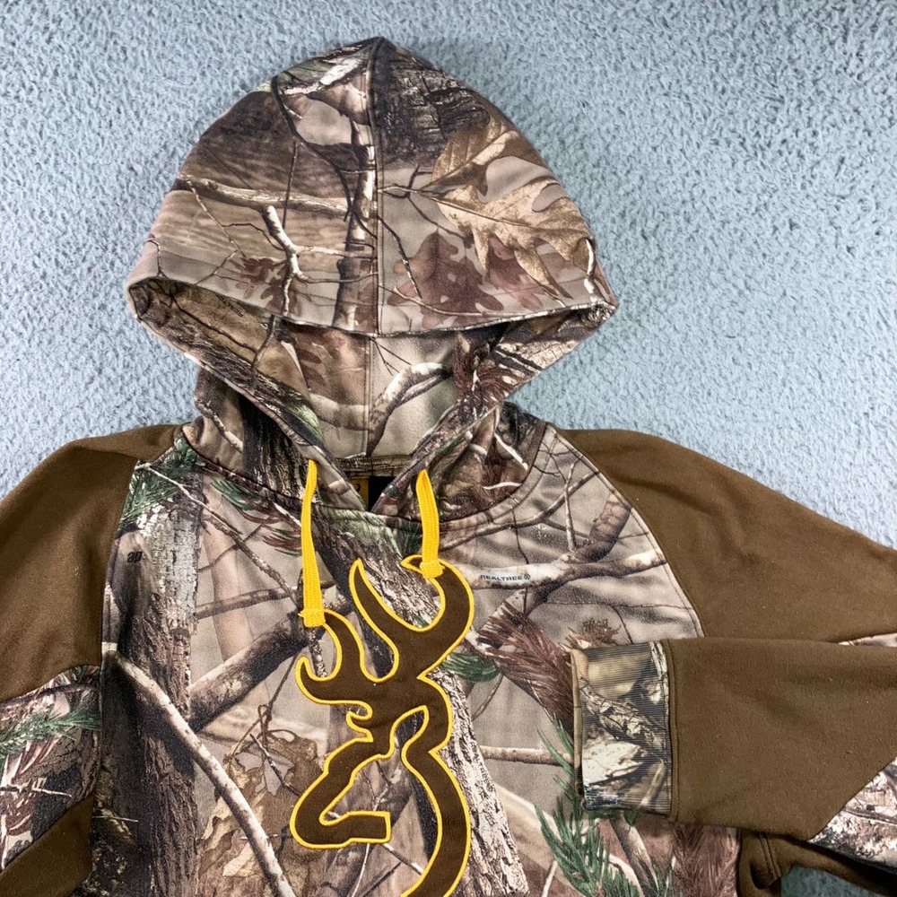 Browning Realtree Camo Hoodie Mens M Brown Gorpcore Buck Logo Paint Pullover